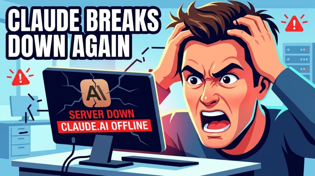 Frustrated man at Anthropic computer, server issue.