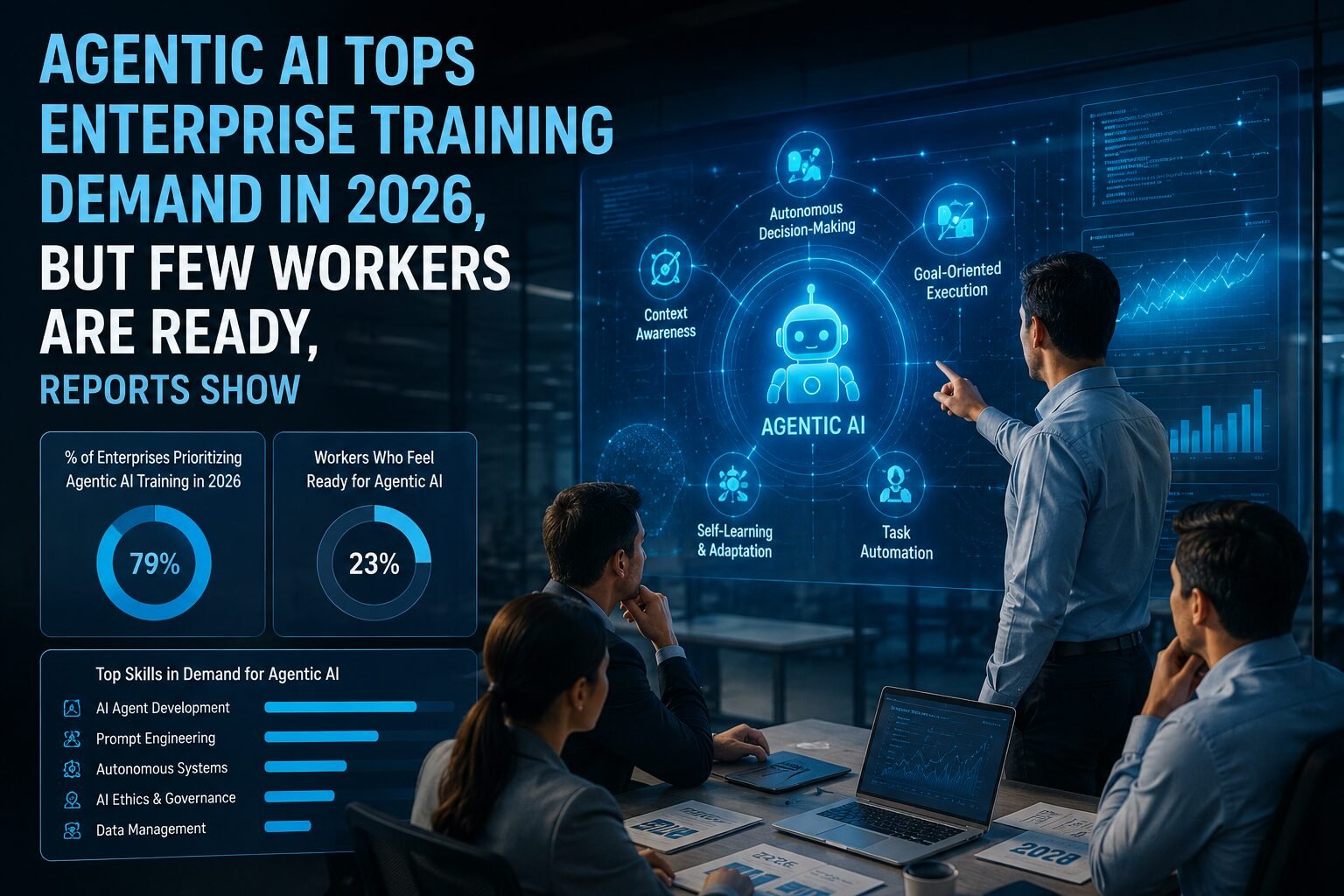 Agentic AI , A focused professional works on a laptop in a futuristic office surrounded by AI-themed holographic dashboards showing rising enterprise demand for agentic AI training in 2026 and a significant workforce readiness gap.