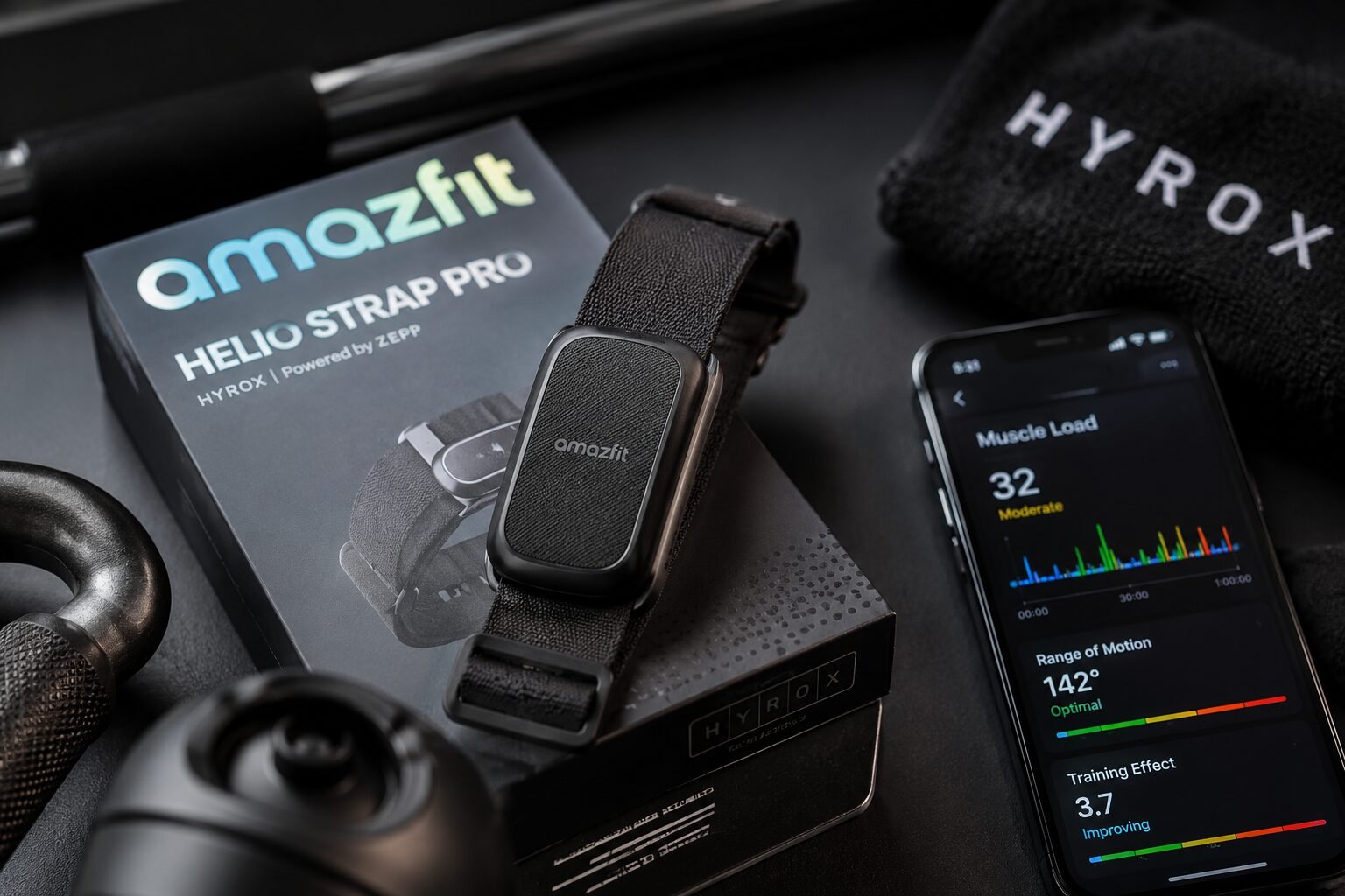 Close-up of the Amazfit Helio Strap Pro resting on its product box beside a smartphone showing workout analytics, surrounded by gym accessories in a modern fitness-themed setup.