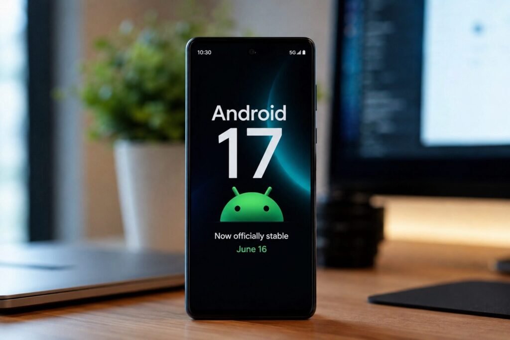 One UI 9 A modern smartphone displaying an Android 17 promotional screen with the Android mascot and “Now officially stable – June 16” against a blurred workspace background.