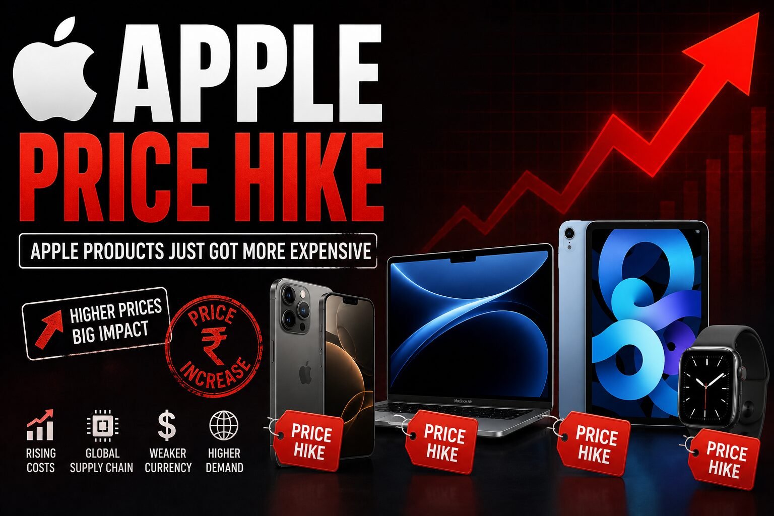 News-style graphic about an Apple price hike featuring an upward red arrow, Apple logo, and Apple devices including an iPhone, MacBook, iPad, and Apple Watch, each marked with "Price Hike" tags to illustrate rising product costs.