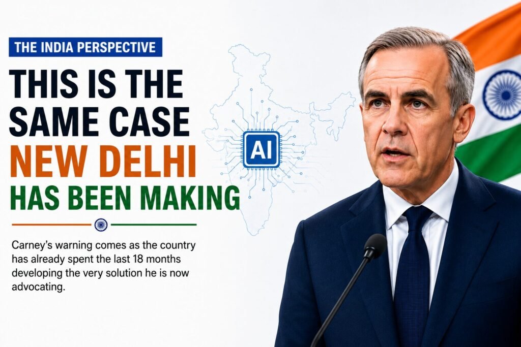 Editorial illustration showing an AI-themed map of India alongside Carney, highlighting New Delhi's long-term strategy to build domestic AI capabilities and technological self-reliance.