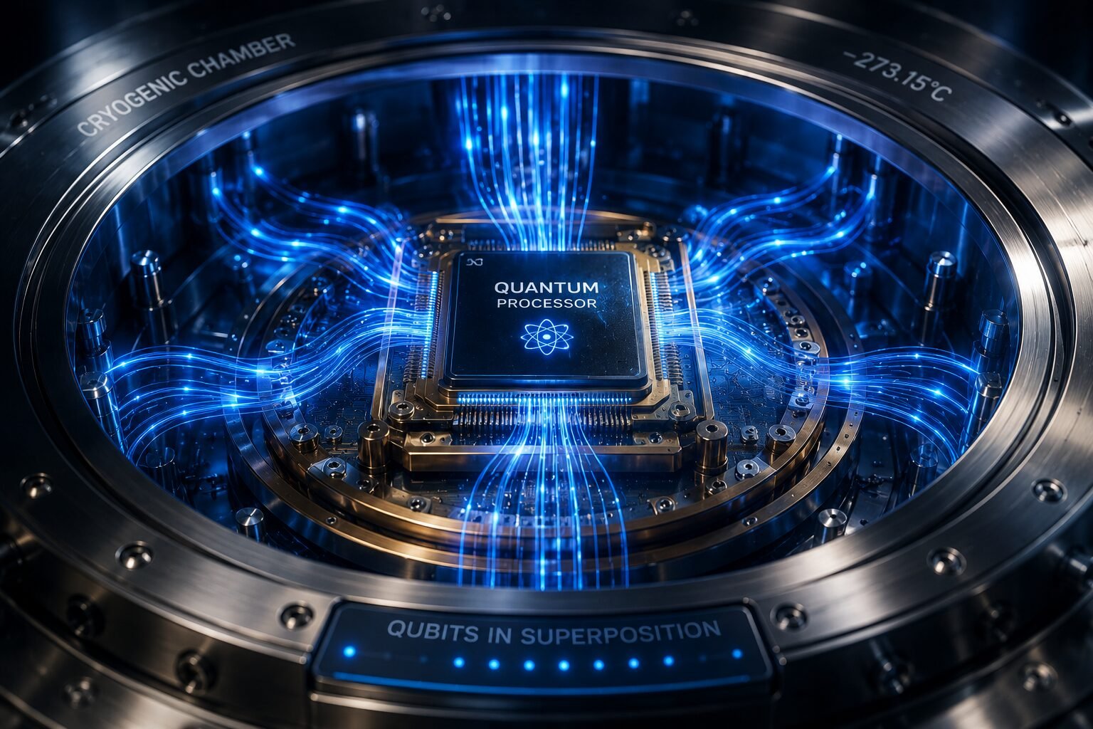 A quantum computing chip inside a cooling chamber, lit by blue light trails that represent qubits processing data.