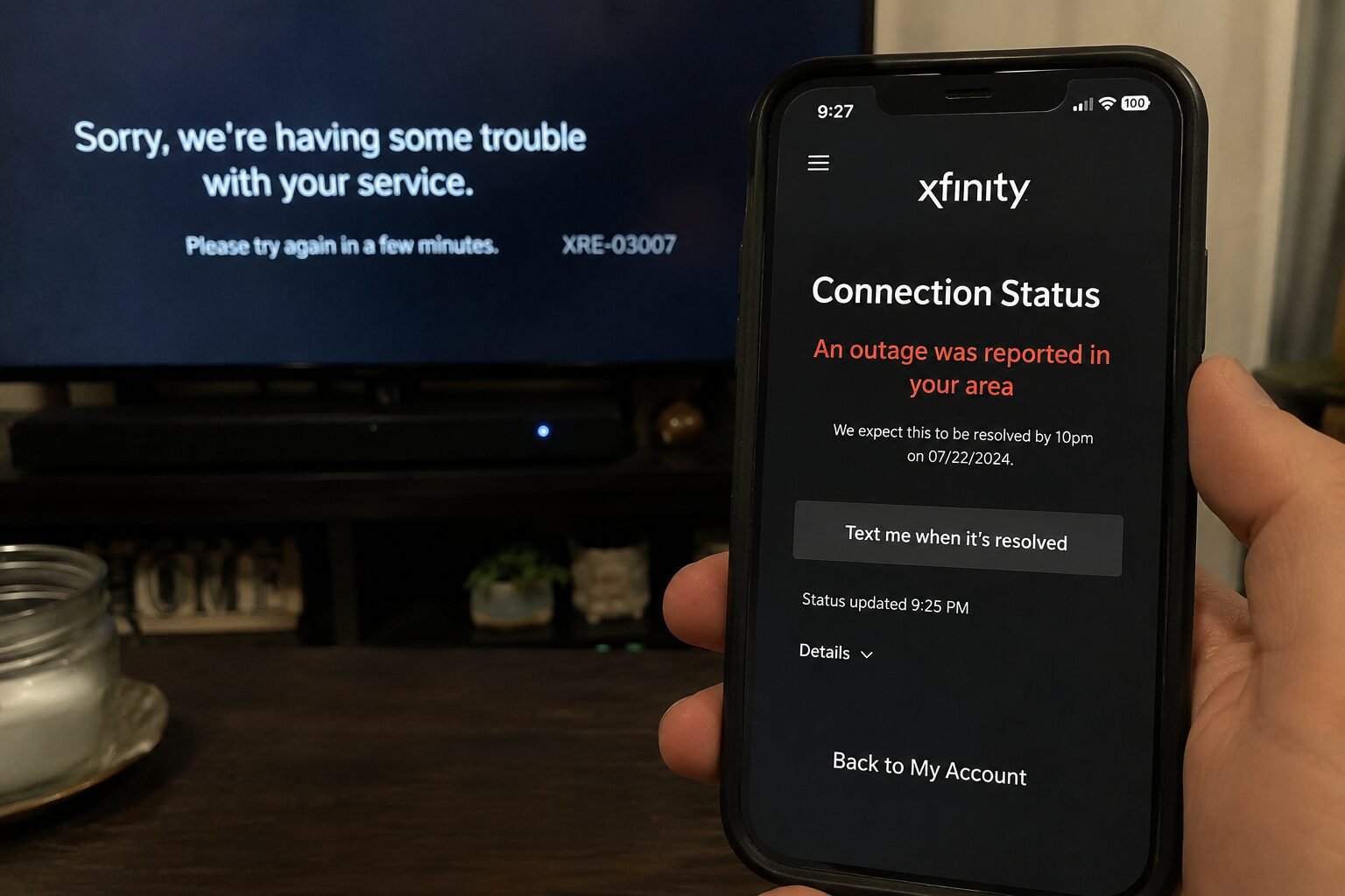 Comcast Xfinity Outage. Person holding a smartphone displaying an Xfinity outage notification while a television in the background shows a service error message during a Comcast service disruption.