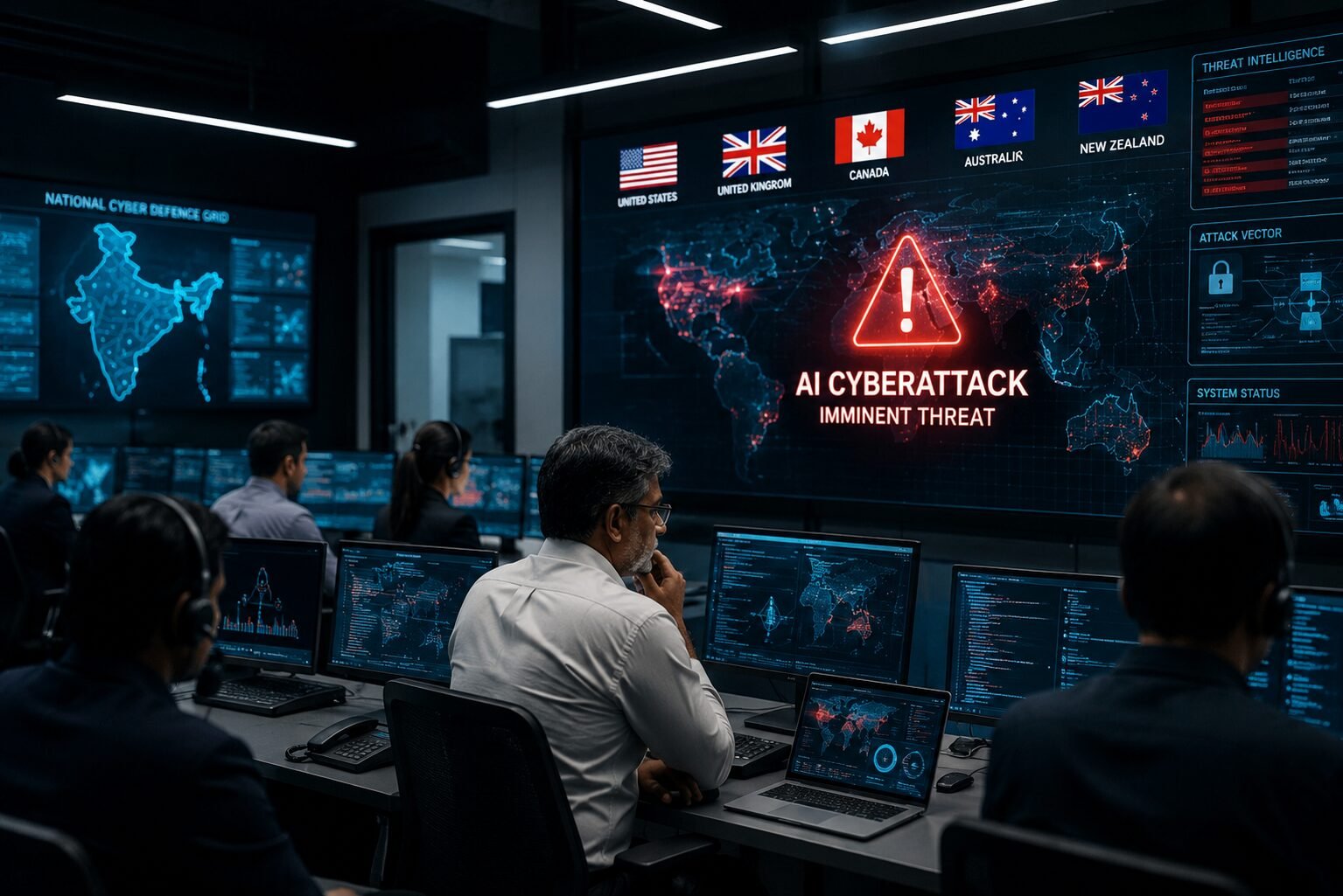 A hyperrealistic cybersecurity operations center displaying a global threat map with AI cyberattack warnings, multiple analysts monitoring screens, and visual emphasis on India alongside the Five Eyes alliance countries.