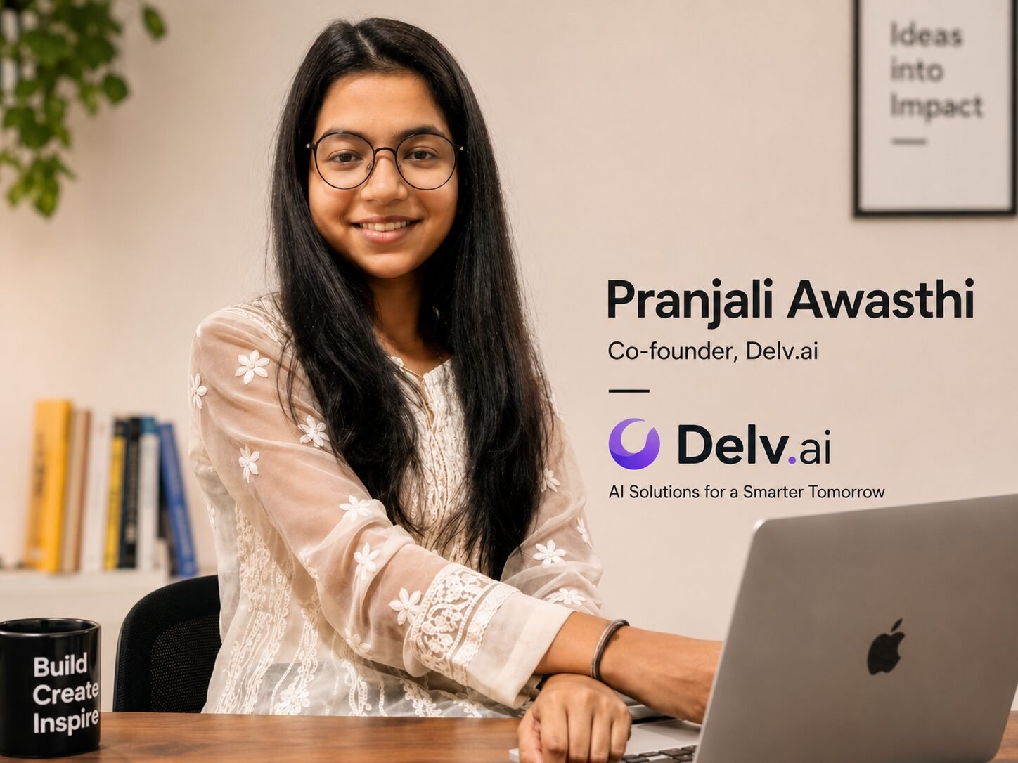 Editorial-style portrait illustration of Pranjali Awasthi, founder of Delv.ai, shown in a modern workspace discussing AI innovation and Google-related technology trends.