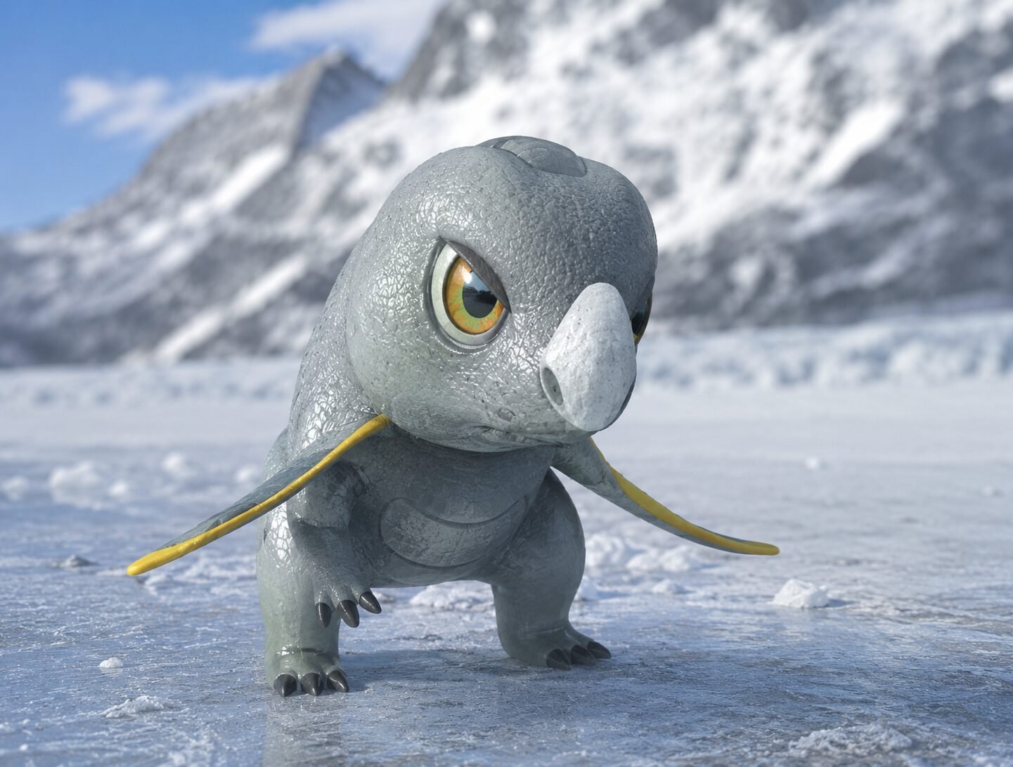 A hyper-realistic icy reptilian creature resembling Frigibax stands on a frozen surface with snow-covered mountains blurred in the background. Its textured gray skin, sharp claws, and amber eyes are highlighted by cold natural light.