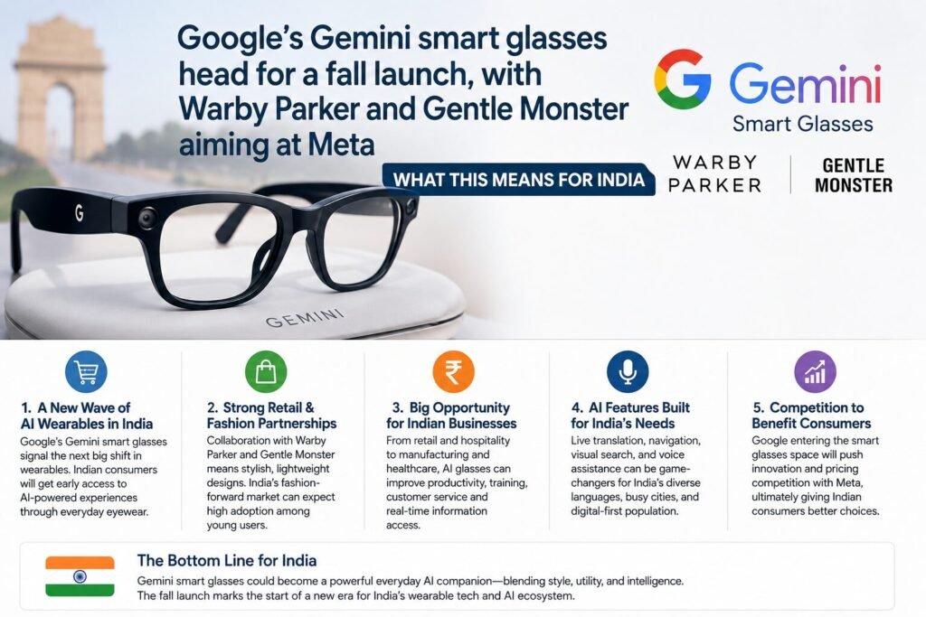 Google Gemini smart glasses concept image highlighting AI-powered eyewear and its potential impact on India with Google branding.