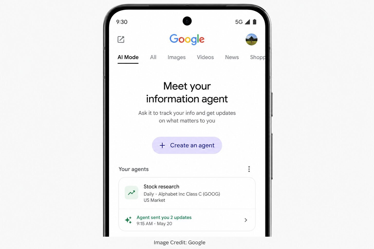 Google AI Mode information agent sending a tracked update in the Google app.