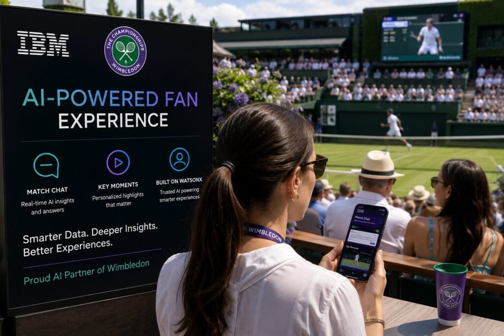 A spectator at a Wimbledon-style tennis venue uses a smartphone displaying AI-powered fan features while an IBM-branded digital display promotes Match Chat, Key Moments, and watsonx technology beside the court.
