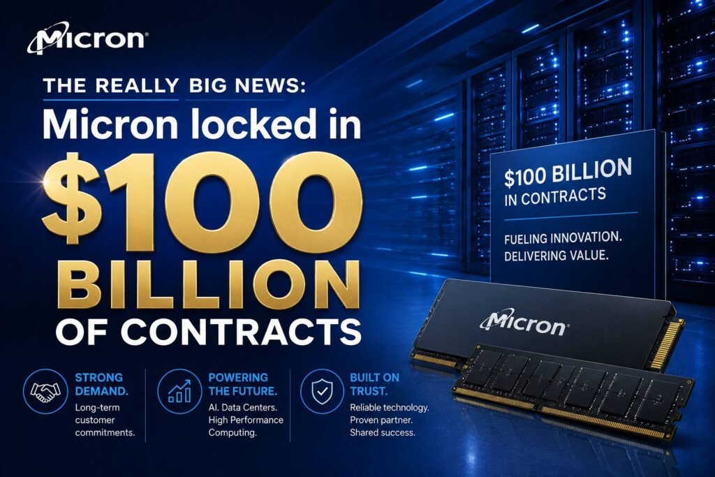 A bold, technology-themed promotional graphic highlighting Micron locked in $100 billion of contracts,” featuring large gold typography, a futuristic data center background, Micron-branded memory modules, and icons representing strong demand, AI computing, and trusted partnerships.