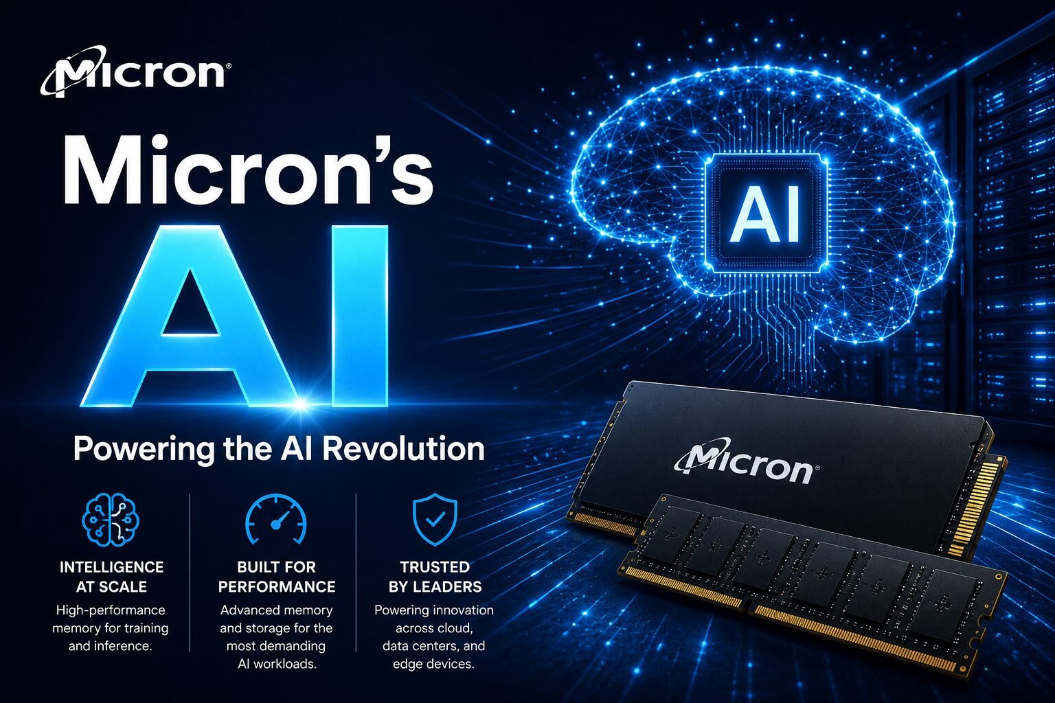 A futuristic technology-themed graphic featuring the headline Micron AI – Powering the AI Revolution,” with a glowing AI brain visualization, advanced memory modules in the foreground, and a blue-lit data center background symbolizing high-performance computing and artificial intelligence.