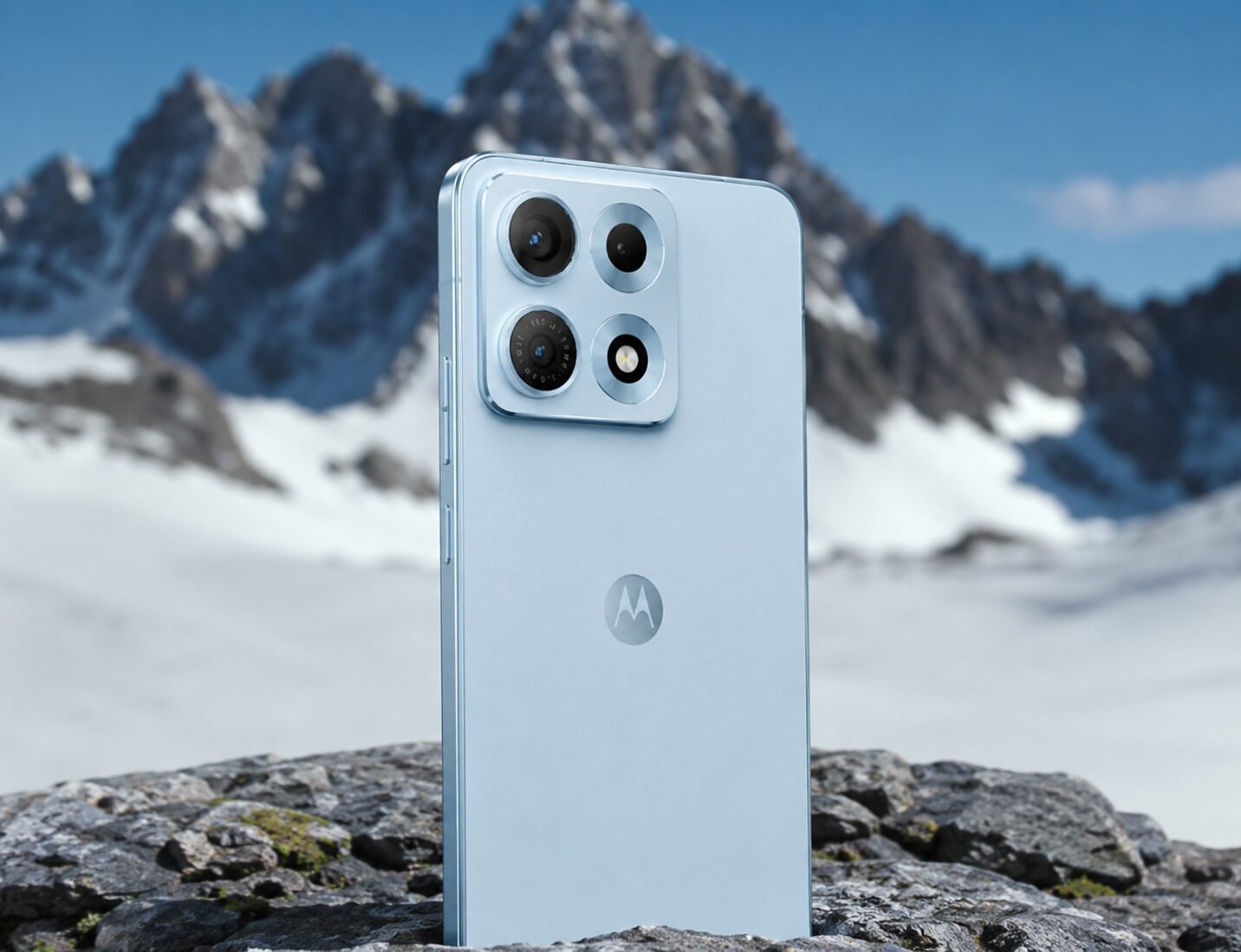 Light blue Motorola Edge 70 Max smartphone standing on rocky terrain with snow-covered mountains in the background, highlighting its large square camera module and premium design.