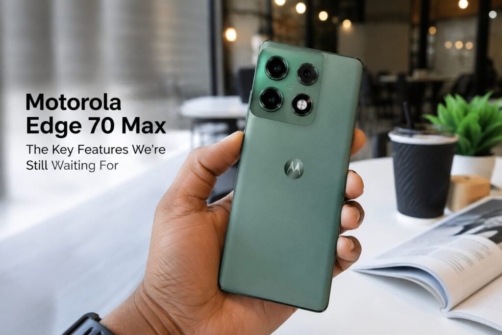 Hand holding a green Motorola Edge 70 Max smartphone with a quad-camera setup in a modern café setting, alongside the headline “The Key Features We’re Still Waiting For.”