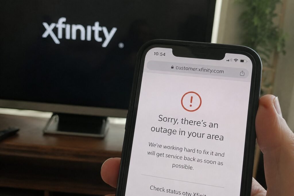 Comcast Xfinity outage Smartphone displaying an Xfinity outage notification in front of a television screen showing the Xfinity logo, illustrating a Comcast internet service disruption.