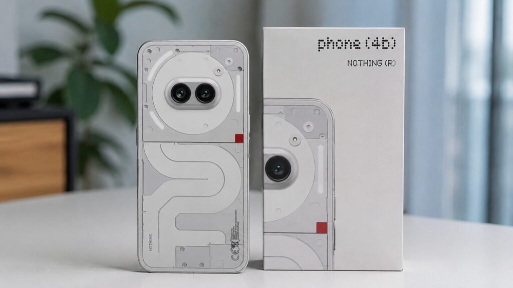 Hyper-realistic render of the Nothing Phone 4b showing a transparent-inspired rear design with dual cameras, positioned beside its retail packaging on a clean tabletop.