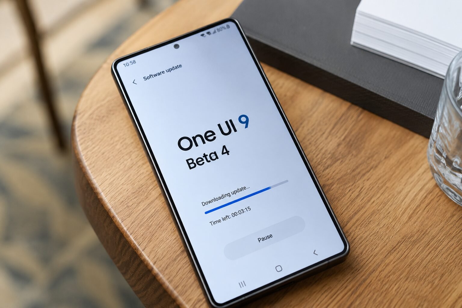 A hyperrealistic smartphone displaying a “One UI 9 Beta 4” software update screen with a download progress bar, placed on a wooden table in a modern workspace.