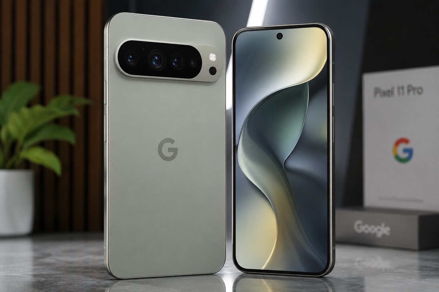 Hyperrealistic studio render of a premium smartphone resembling the Pixel 11 Pro, shown from both the front and rear with a sleek matte finish, edge-to-edge display, and a prominent horizontal camera bar against a modern technology-inspired backdrop.