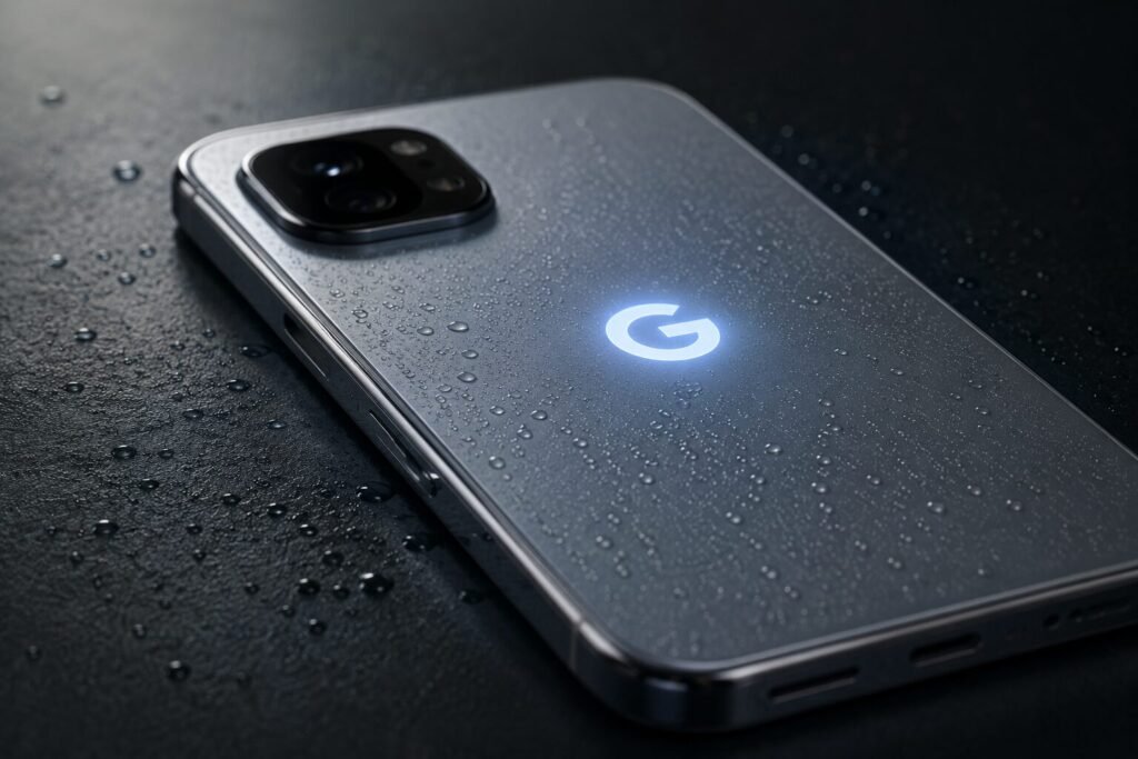 Pixel 11 Pro Hyper-realistic close-up of a modern silver smartphone resting on a dark textured surface with water droplets, featuring a prominent dual-camera module and a softly glowing “G” logo that creates a futuristic premium aesthetic.