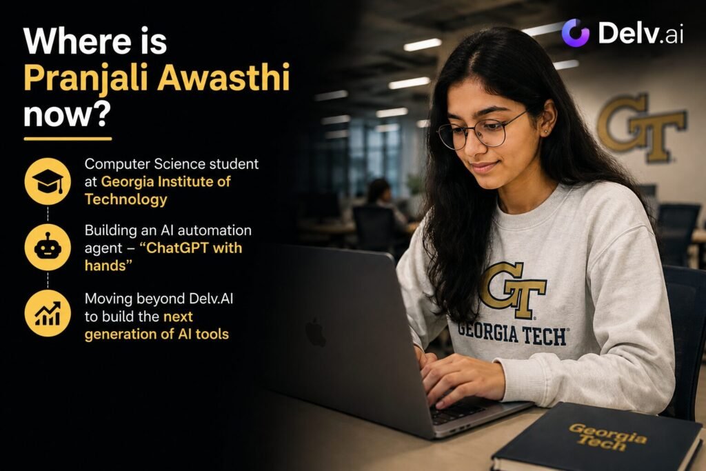Pranjali Awasthi working on a laptop as a Georgia Tech computer science student and AI entrepreneur in the broader Google AI ecosystem.