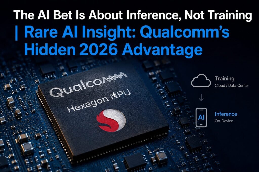 Infographic showing a Qualcomm AI processor on a circuit board with the headline “The AI Bet Is About Inference, Not Training” and a visual comparison of cloud AI training versus on-device AI inference.