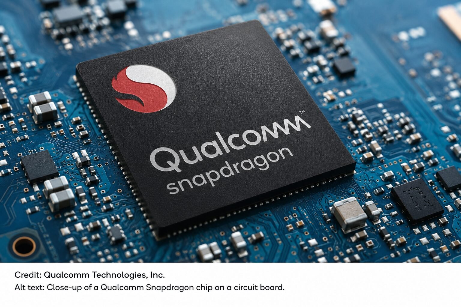 Close-up editorial graphic of a Qualcomm AI processor on a circuit board with text emphasizing that the future of artificial intelligence is shifting toward inference rather than training.