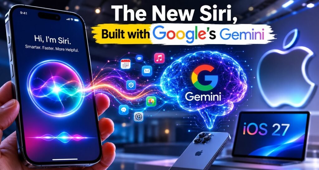 A futuristic technology graphic showing Apple's iOS 27 update with an iPhone displaying the Siri interface connected to a glowing AI brain representing Google Gemini. The design emphasizes AI-powered Siri, Apple's ecosystem, and next-generation iPhone intelligence with vibrant neon lighting.