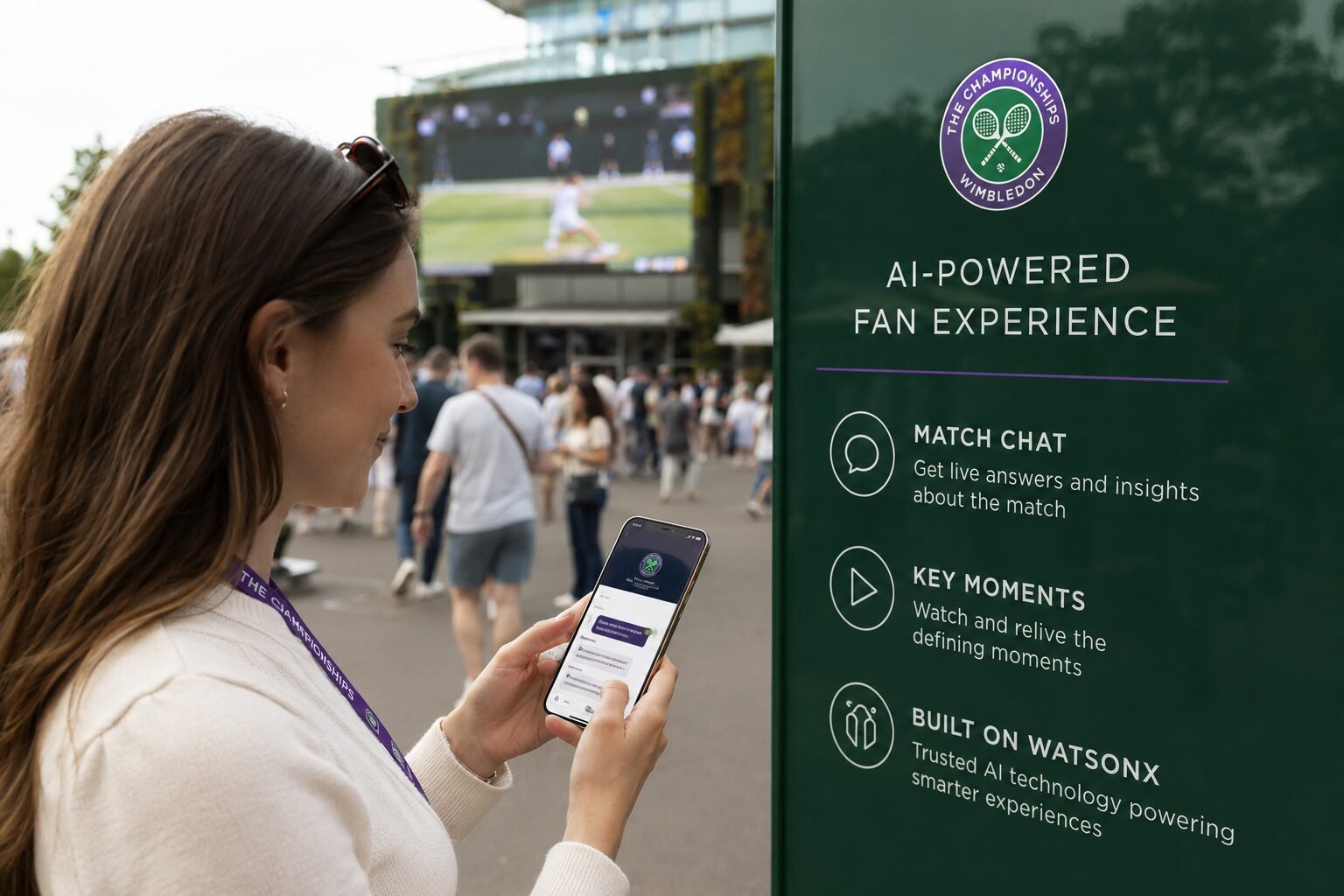 A tennis fan uses a smartphone featuring Wimbledon’s AI-powered fan experience while standing beside a digital display promoting Match Chat, Key Moments, and watsonx-powered features outside the tournament grounds.
