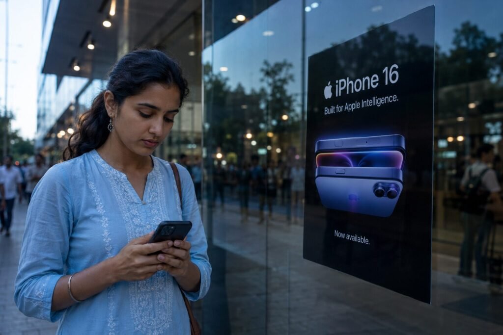 Siri AI A realistic street scene showing a young woman using a smartphone outside a modern glass-fronted electronics store, with a large iPhone advertisement visible in the background and evening city lights creating a professional technology atmosphere.