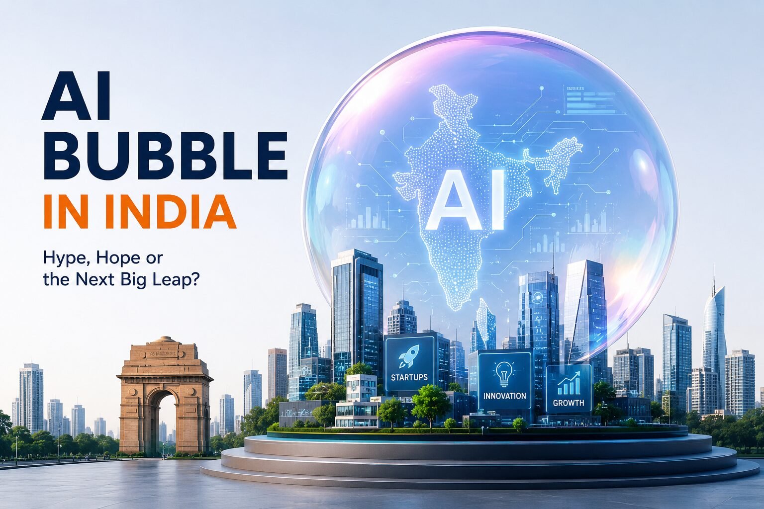 A clean digital illustration showing a futuristic Indian city skyline beneath a large transparent AI bubble featuring the map of India, symbolizing the rise of artificial intelligence and concerns about an AI investment bubble in India.