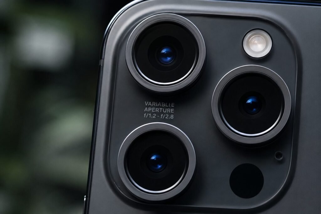 Close-up concept image of a smartphone triple-camera module showcasing a variable aperture lens design inspired by rumored iPhone 18 Pro Max camera technology.