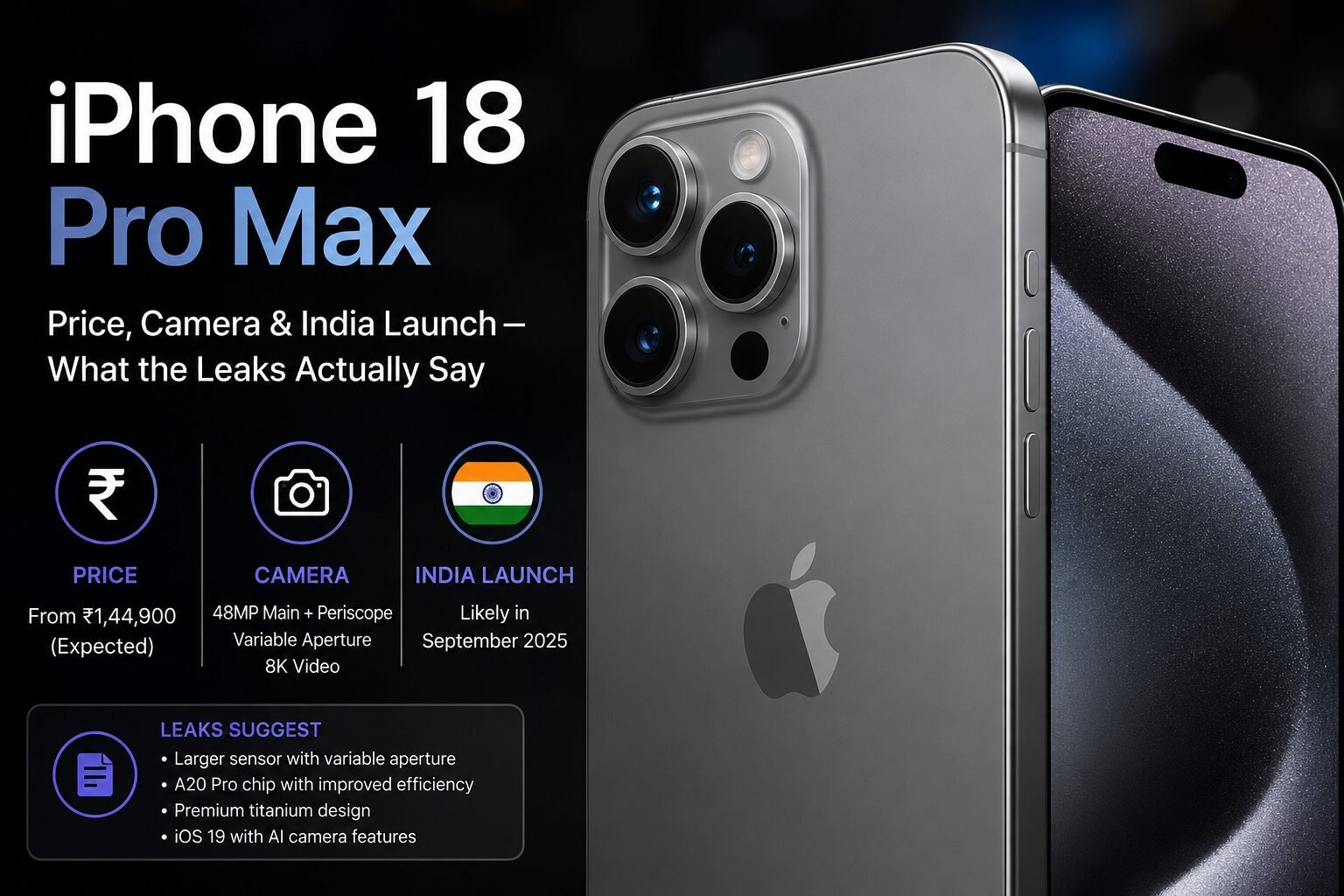 Infographic showing the rumored iPhone 18 Pro Max in titanium gray with triple rear cameras and key highlights including expected price from ₹1,44,900, 48MP camera with periscope lens and variable aperture, and a likely India launch in September.