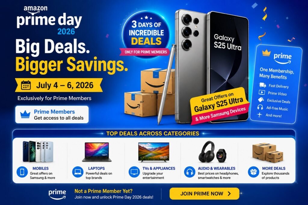 Amazon Prime Day 2026 promotional banner featuring the Samsung Galaxy S25 Ultra, Prime member-exclusive offers from July 4–6, and discounts on smartphones, laptops, TVs, wearables, and more.