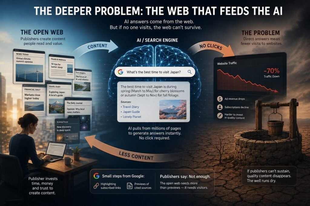 A split-screen editorial illustration showing how Gemini is transforming Google Search. The left side highlights AI-powered instant answers and faster search results, while the right side depicts declining website traffic, falling publisher revenue, and a weakening open web ecosystem.