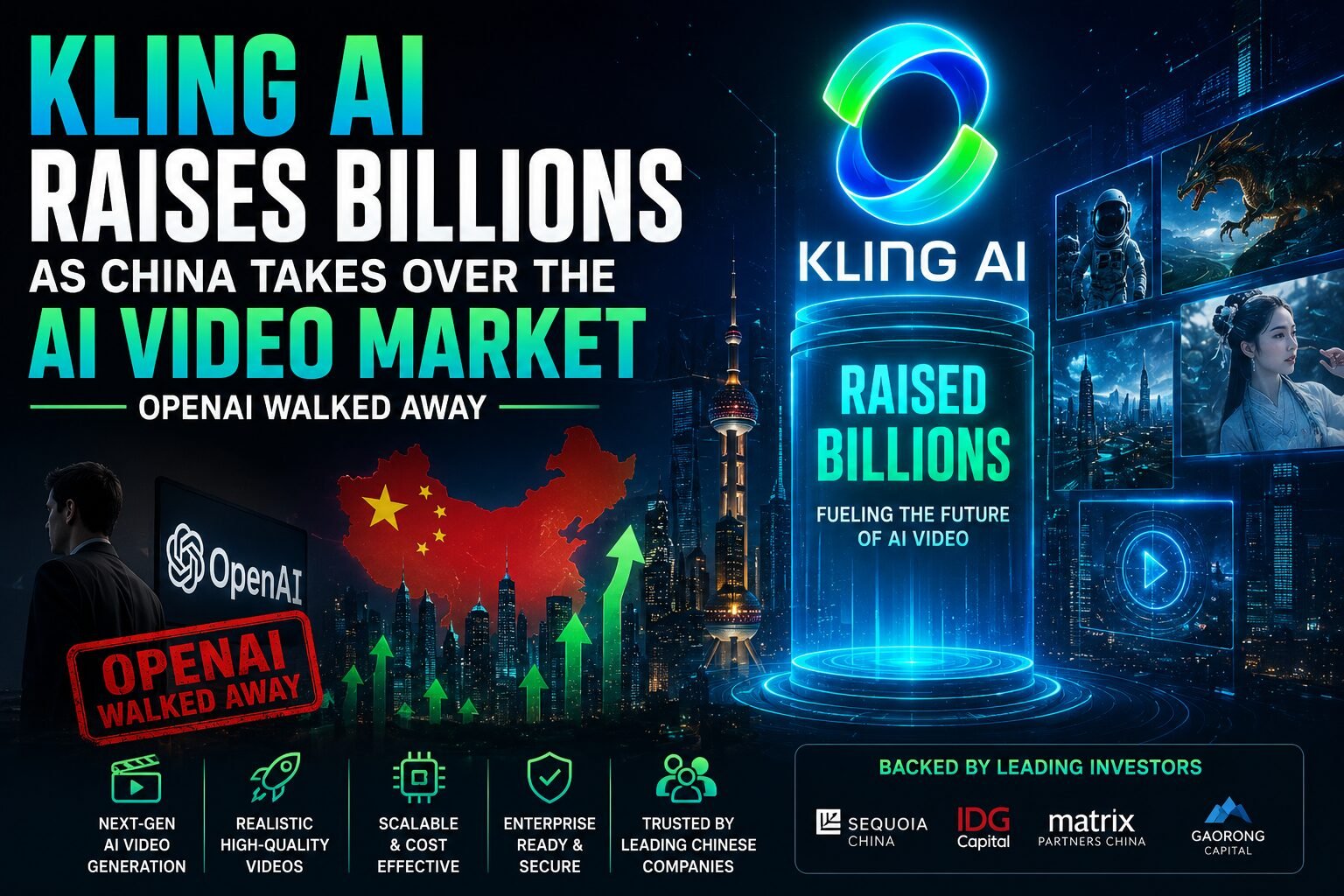 Kling AI ,A futuristic news-style graphic illustrating Kling AI's rapid growth in China's AI video industry. The design features the Kling AI logo, a glowing digital skyline, a map of China with upward growth arrows, AI-generated video scenes, and a visual reference to OpenAI stepping away from the market, emphasizing China's expanding leadership in AI video technology.