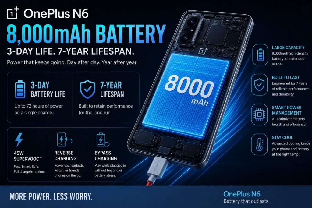 OnePlus N6 charging feature infographic highlighting 45W fast charging, reverse charging, and bypass charging with a premium smartphone design, charging animation, and gaming-focused battery optimization.