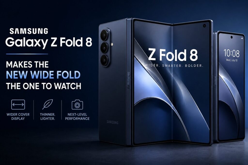 Samsung Galaxy Z Fold 8 promotional banner showing the foldable phone in open and closed positions with the headline, "Samsung Galaxy Z Fold 8 Makes the New Wide Fold the One to Watch," on a dark blue gradient background.