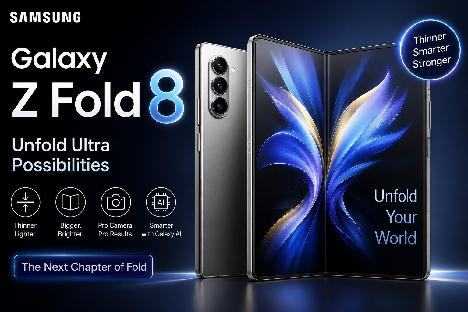 Samsung Galaxy Z Fold 8 promotional featured image showing the foldable smartphone in open and rear views with a futuristic blue glowing background. The design highlights AI features, pro camera, thinner build, brighter display, and the tagline "Unfold Ultra Possibilities."