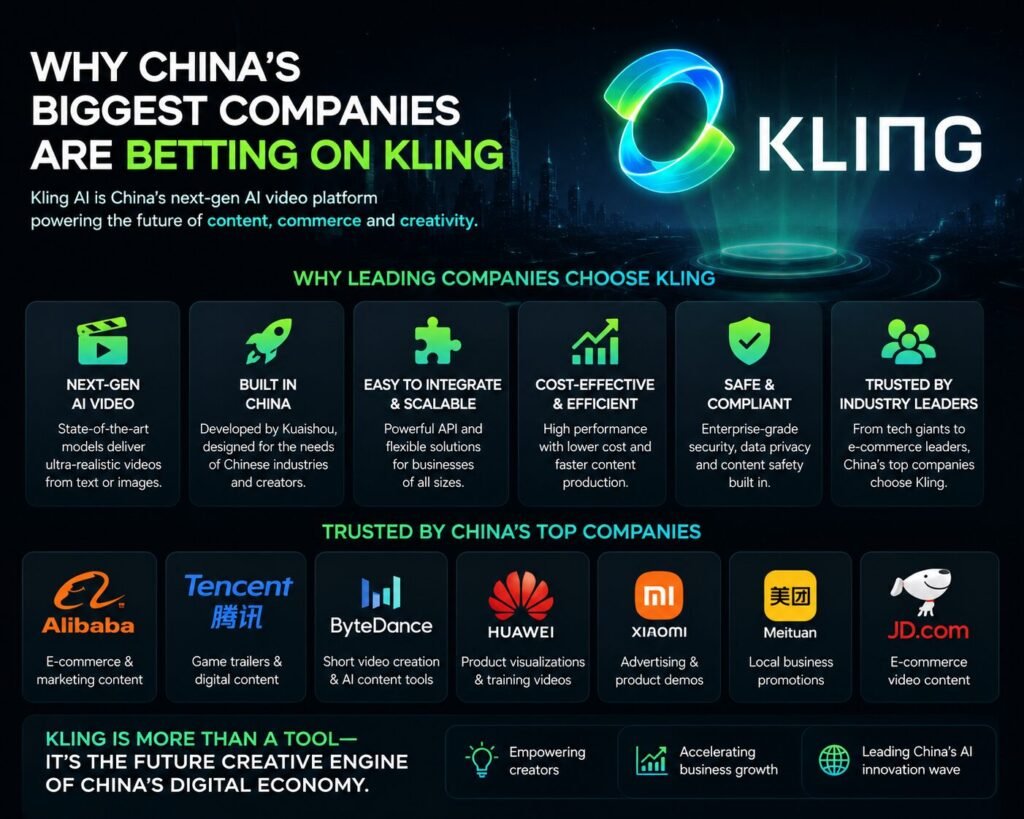 Kling AI A futuristic technology-themed infographic featuring the Kling AI logo with the headline "Why China's Biggest Companies Are Betting on Kling." The design showcases AI video generation, enterprise adoption, scalability, and use cases, alongside logos representing major Chinese technology and e-commerce companies in a dark blue neon interface.