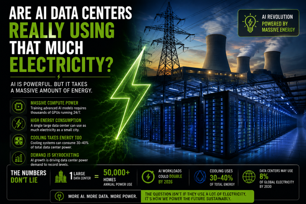 Massive Microsoft AI data centers server racks connected to glowing power grids, illustrating the enormous electricity consumption of artificial intelligence infrastructure.