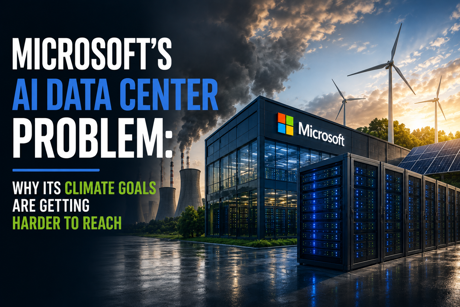 Microsoft AI data centers with server racks, power infrastructure and renewable energy, illustrating the environmental challenges of growing AI computing demand.