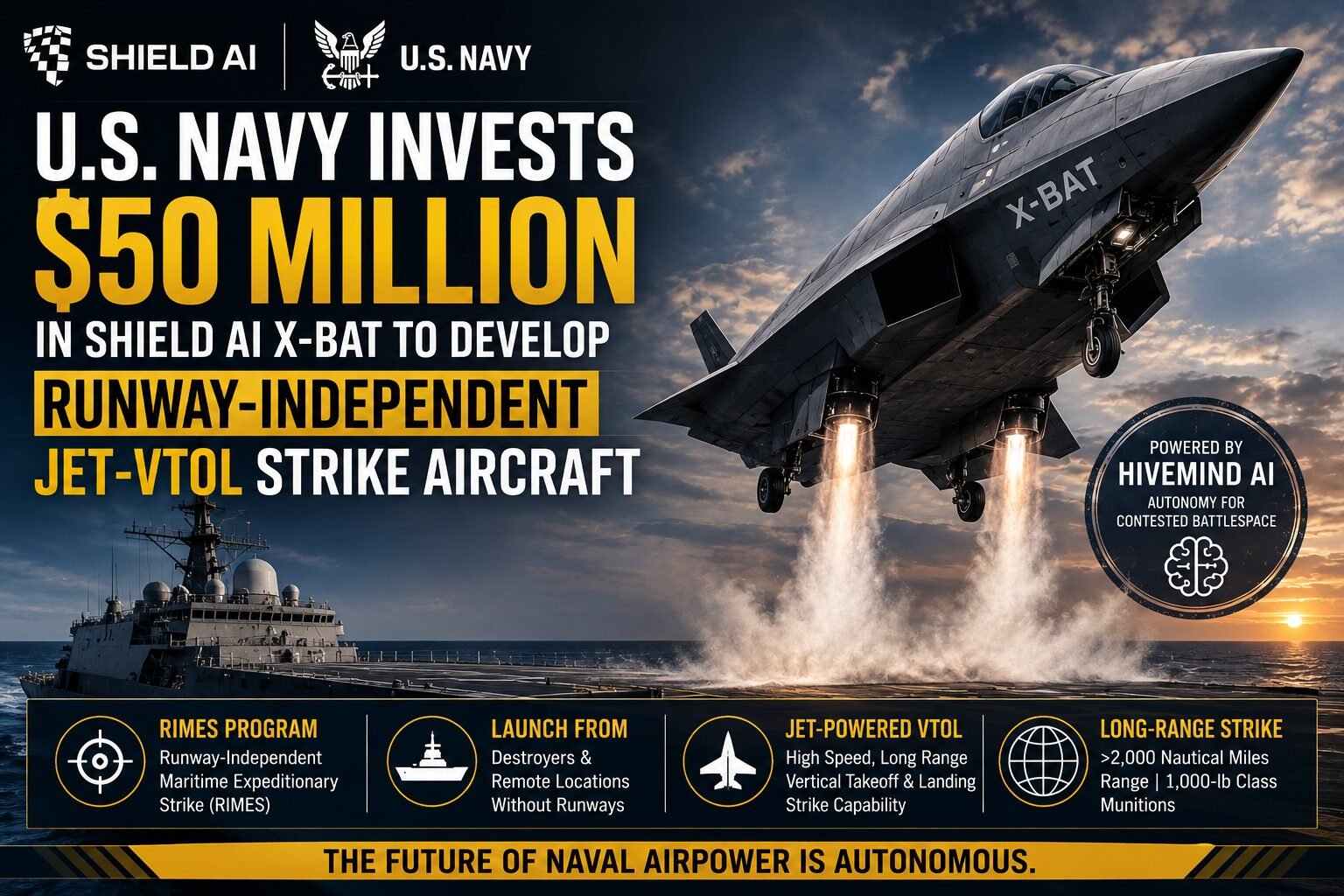 U.S. Navy $50 million Shield AI X-BAT jet-powered VTOL strike aircraft with Hivemind AI