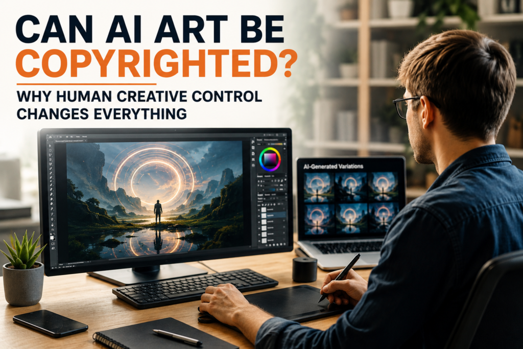 A creator uses AI-generated variations alongside human artistic direction, highlighting the growing debate over creative control and copyright in the age of artificial intelligence.