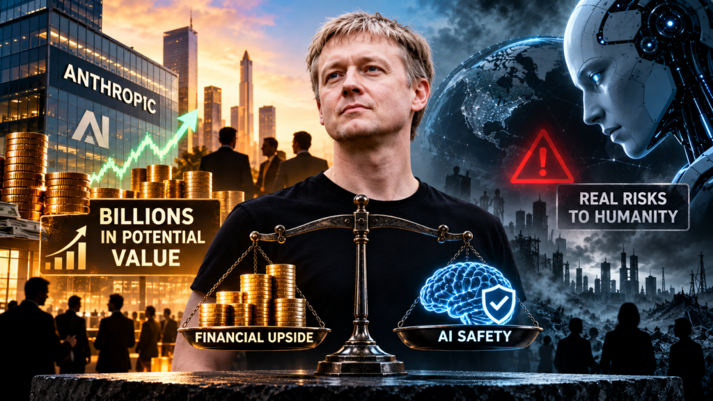 Jaan Tallinn pictured between Anthropic’s financial growth and AI safety risks, with a balance scale representing the tension between financial gains and responsible AI development.