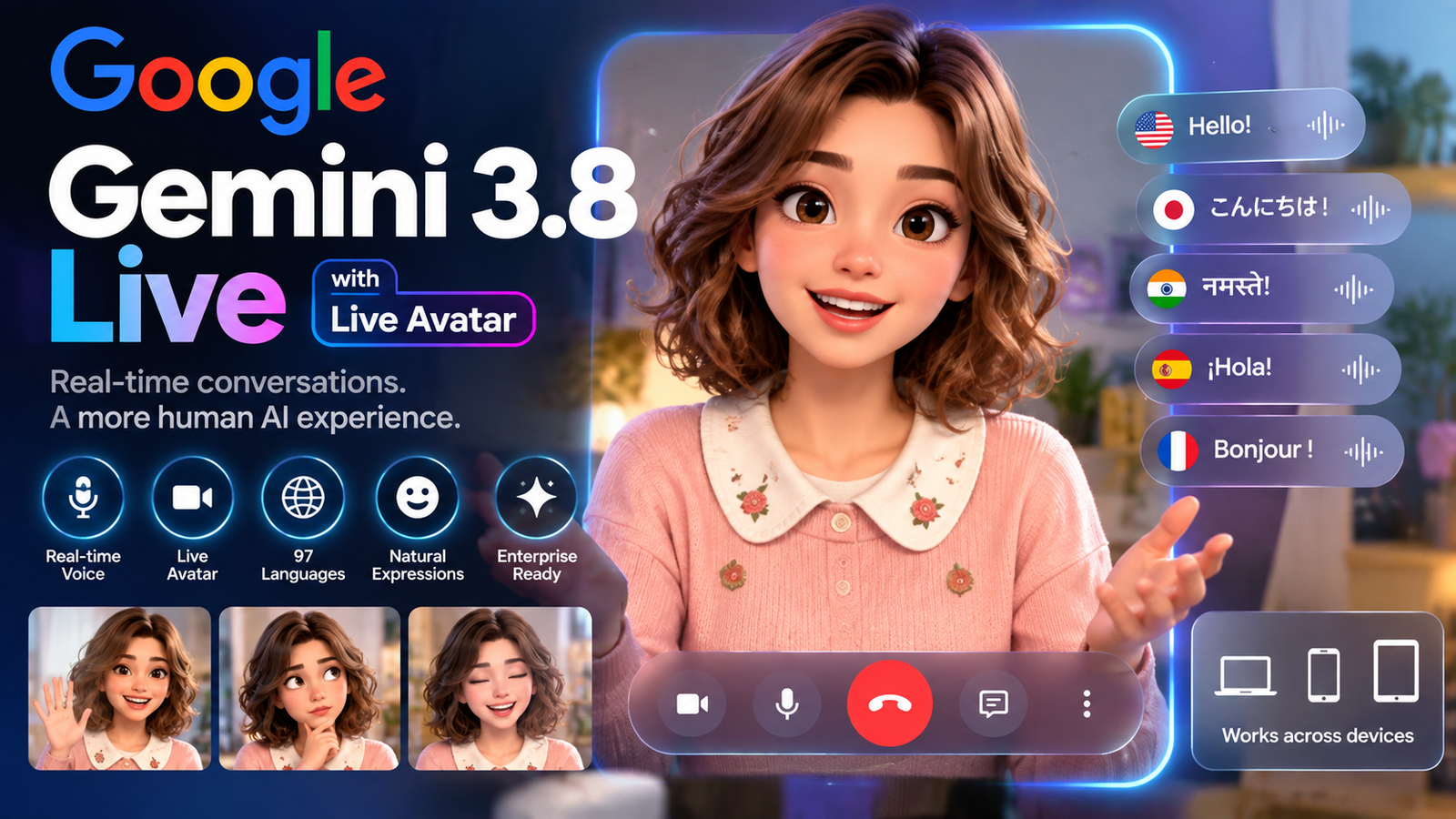 Google Gemini 3.8 Live Avatar with lifelike facial expressions, real-time voice controls, multilingual features, and visual trust indicators.