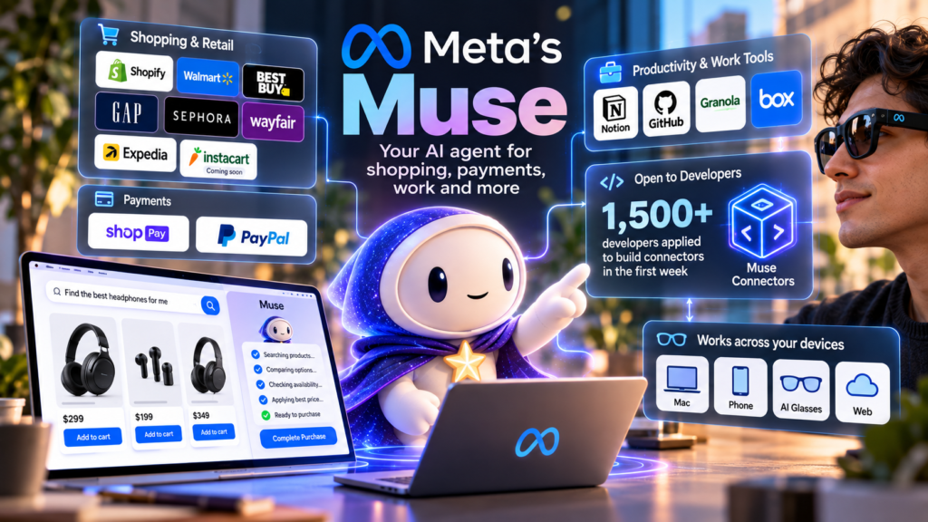 Meta Muse AI agent connecting shopping, payment services, productivity tools, developers, and AI glasses