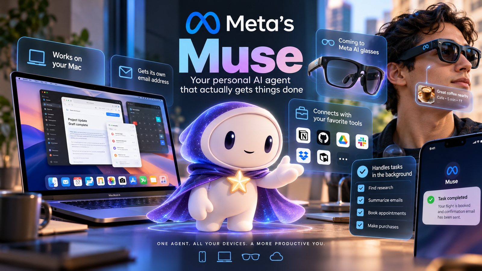 Meta’s Muse AI agent connecting a laptop, email, shopping, work tools, smartphone, and AI smart glasses