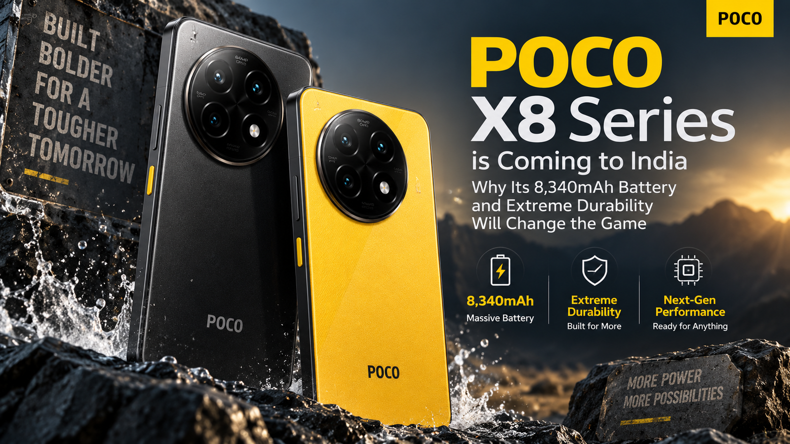 POCO X8 Series smartphones in black and yellow highlighting India launch, 8,340mAh battery, extreme durability and next-generation performance.