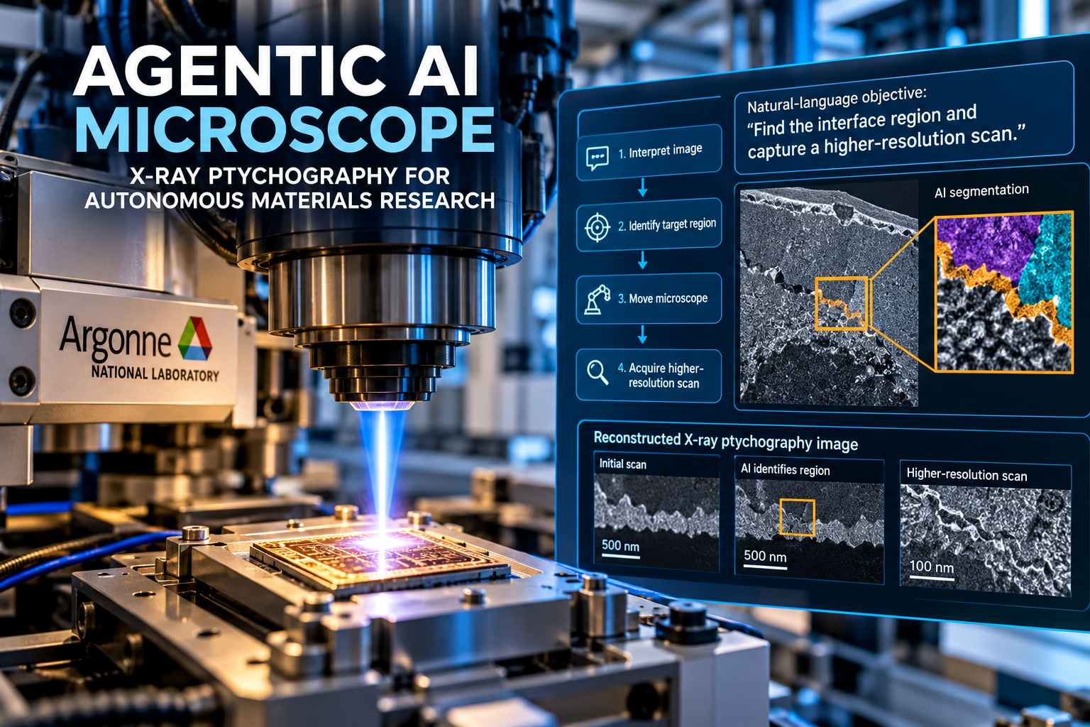 Agentic AI microscope at Argonne using X-ray ptychography to guide autonomous materials research